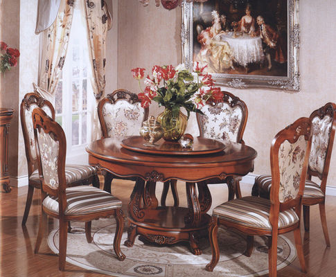 7pcs Durable French Round Dining Table And Chairs Solid Wood Vintage Diner Furniture